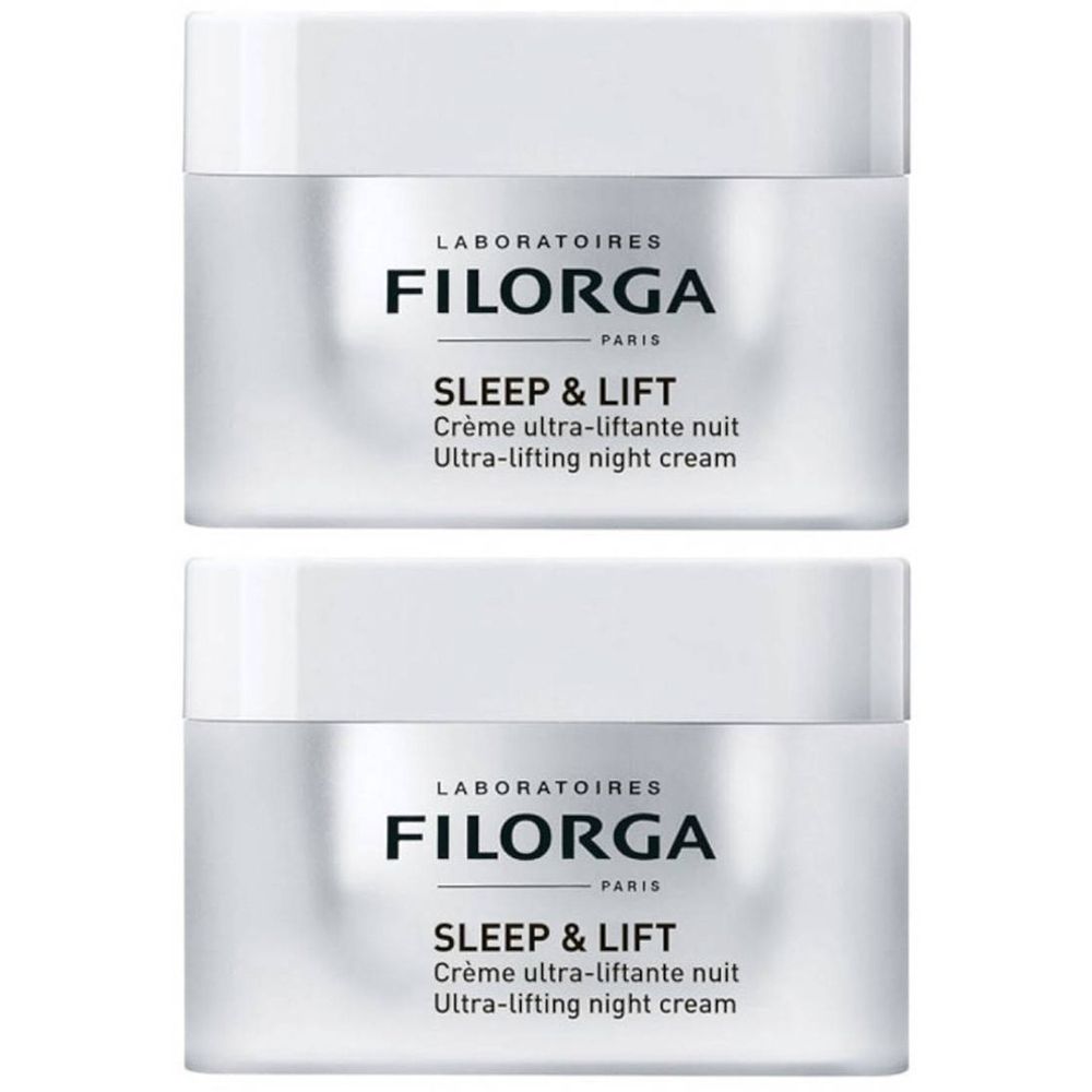 Twee potten FILORGA Sleep & Lift nachtcrème. Wit glas met witte deksel. Zwarte tekst: FILORGA, SLEEP & LIFT, Crème ultra-liftante nuit.