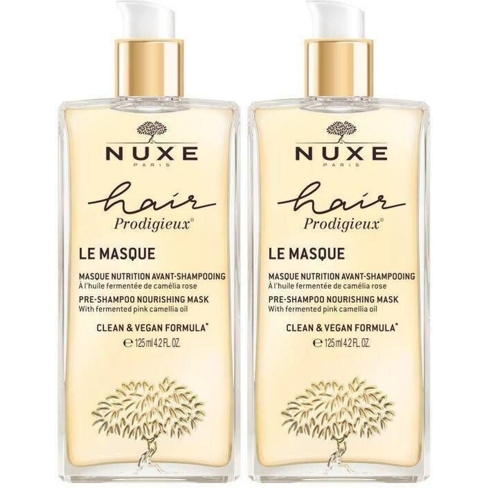Deux flacons de Nuxe Hair Prodigieux Le Masque. Bouchons dorés, flacons transparents. Texte noir.