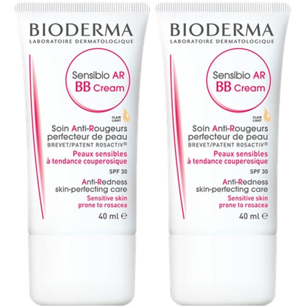 Deux tubes de Bioderma Sensibio AR BB Crème. Blanc, avec texte rouge et rose. Texte: Sensibio AR BB Cream, SPF 30, 40 ml.