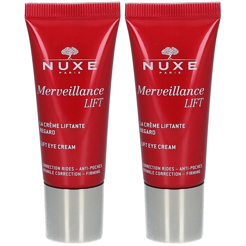 Deux tubes de Nuxe Merveillance Lift. Emballage rouge, bouchon argenté. Texte: Merveillance Lift, crème yeux.