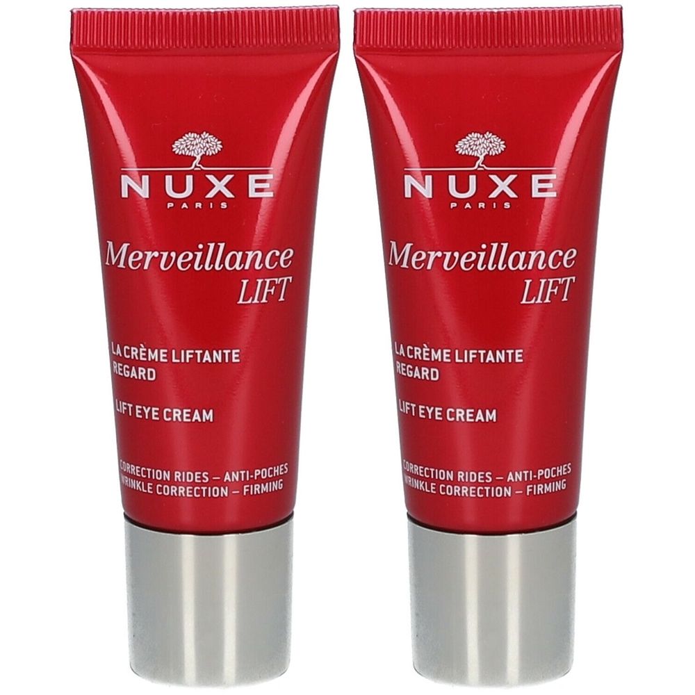 Deux tubes de Nuxe Merveillance Lift. Emballage rouge, bouchon argenté. Texte: Merveillance Lift, crème yeux.