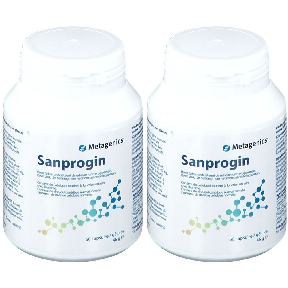 Twee witte flessen met de tekst "Sanprogin" en het Metagenics logo. Elke fles bevat 60 capsules.