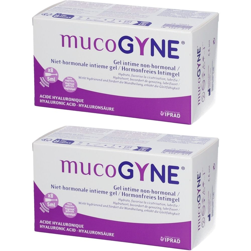 Twee dozen "mucoGYNE" gel. Opschrift: Niet-hormonale intieme gel, 8 x 5ml. Paarse en witte verpakking.
