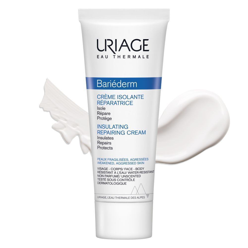 Close-up van een hand die crème op de huid aanbrengt. Tekst: Rijke isolerende crème, Gezicht & lichaam.