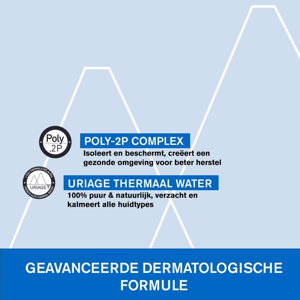 Grafiek met tekst: Poly-2P Complex, Uriage Thermaal Water. Geavanceerde dermatologische formule.