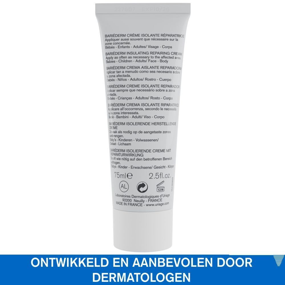 Achterkant van een tube Uriage Bariéderm Repair Cream. Tekst: Ontwikkeld en aanbevolen door dermatologen.