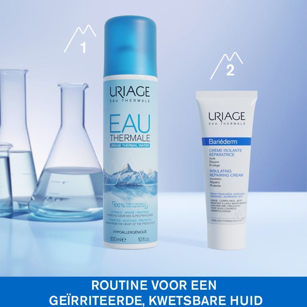Twee producten: Uriage Eau Thermale en Uriage Bariéderm Repair Cream. Routine voor een geïrriteerde, kwetsbare huid.