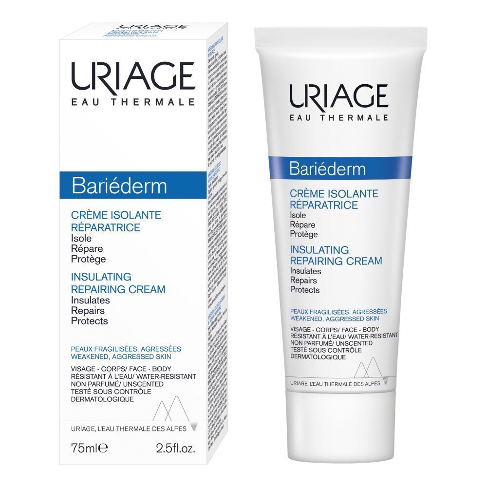 Uriage Bariéderm Repair Cream en verpakking. Witte tube en doos met blauwe tekst.