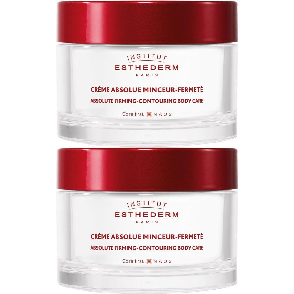Twee crèmepotten met rode deksels. Opschrift: INSTITUT ESTHEDERM PARIS, Crème Absolue Minceur-Fermeté.