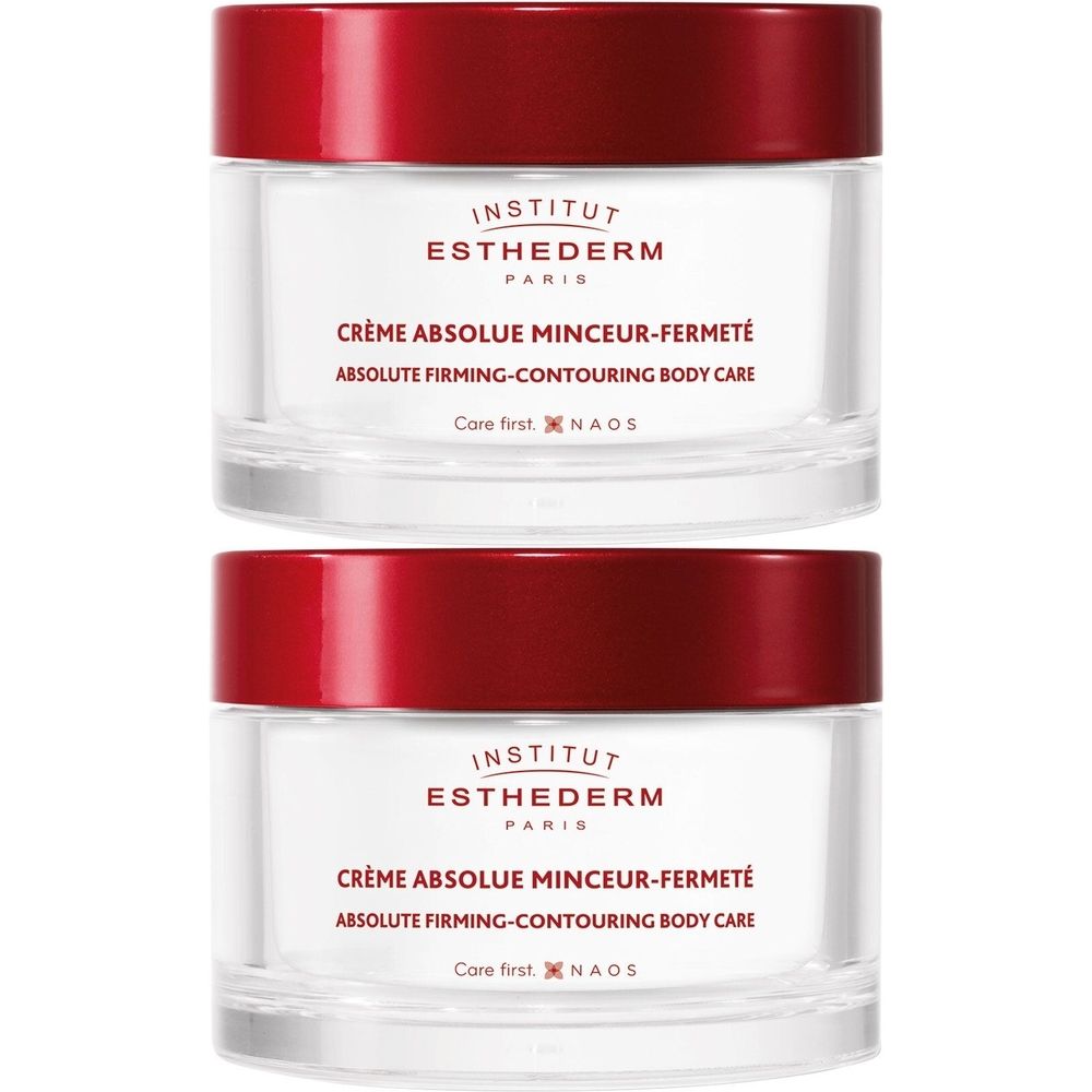 Twee crèmepotten met rode deksels. Opschrift: INSTITUT ESTHEDERM PARIS, Crème Absolue Minceur-Fermeté.