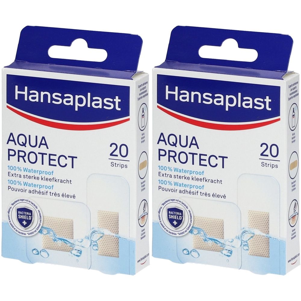 Twee verpakkingen Hansaplast Aqua Protect pleisters. Opschrift: Aqua Protect, 100% waterdicht, 20 strips. Met bacteriebeschermingssymbool.