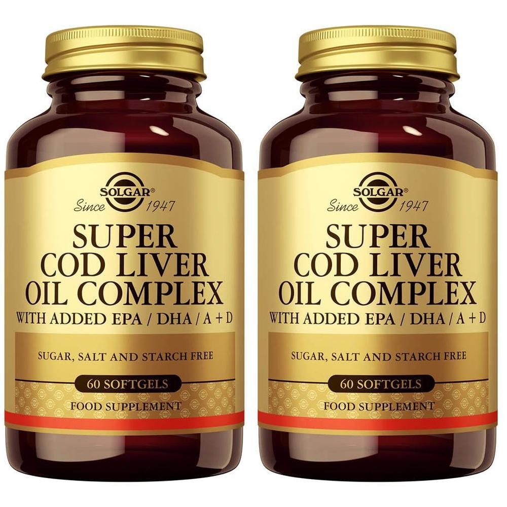 Deux flacons de Solgar Super Cod Liver Oil Complex, 60 gélules molles, sans sucre, sel ni amidon.