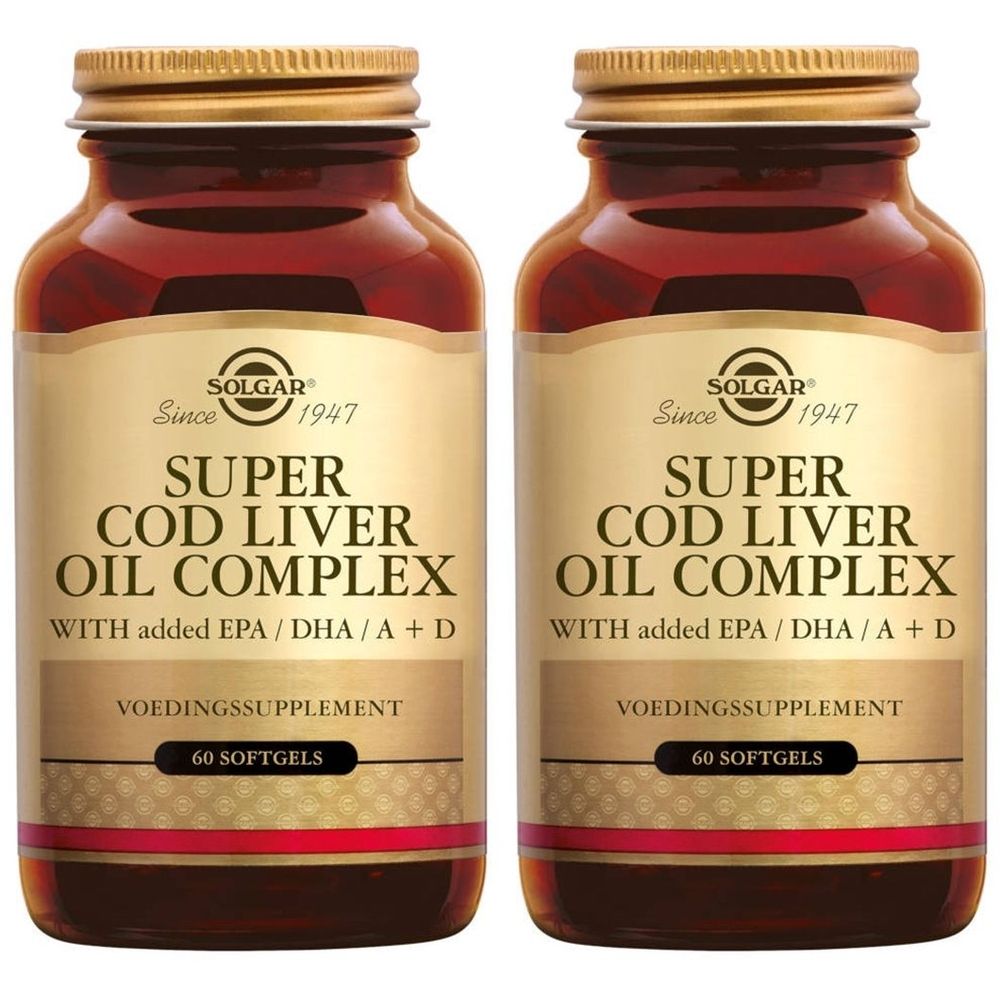Deux flacons de Solgar Super Cod Liver Oil Complex, 60 gélules molles par flacon.