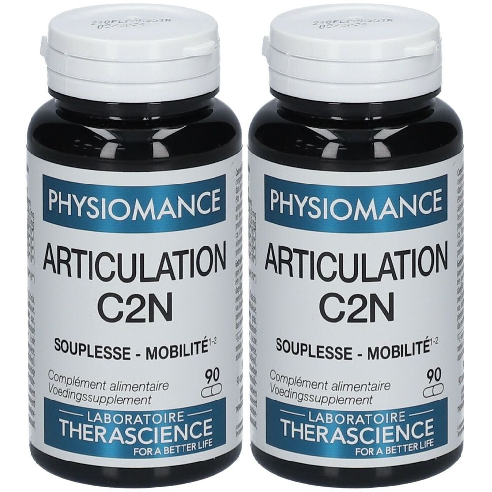 Twee flessen PHYSIOMANCE ARTICULATION C2N. Opschrift: Souplesse-Mobilité, 90 capsules. Laboratoire Therascience. Voedingssupplement.