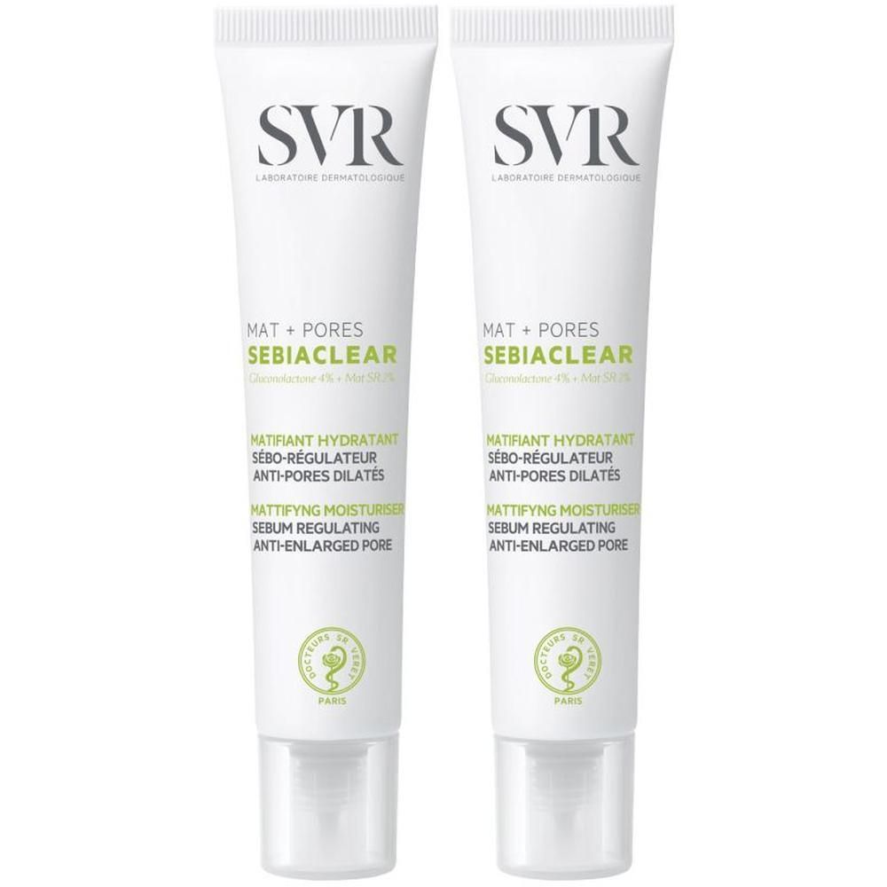 Twee tubes SVR Sebiaclear Matte + Poren. Wit, met groene en zwarte tekst. SVR-logo bovenaan. Tekst: Matterende moisturizer, talgregulerend, anti-vergrote poriën.