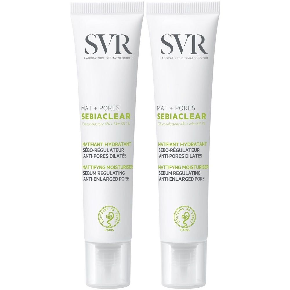 Twee tubes SVR Sebiaclear Matte + Poren. Wit, met groene en zwarte tekst. SVR-logo bovenaan. Tekst: Matterende moisturizer, talgregulerend, anti-vergrote poriën.