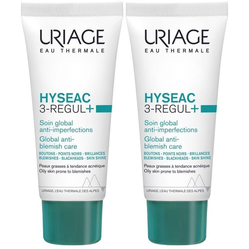 Deux tubes Uriage Hyseac 3-Regul+. Tubes blancs avec accents verts. Texte: Soin anti-imperfections, peaux grasses à tendance acnéique.