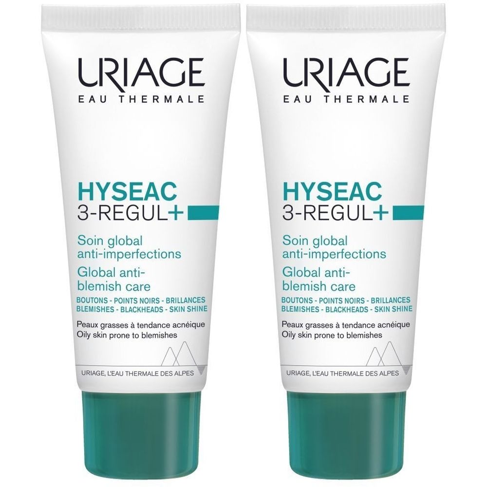 Deux tubes Uriage Hyseac 3-Regul+. Tubes blancs avec accents verts. Texte: Soin anti-imperfections, peaux grasses à tendance acnéique.