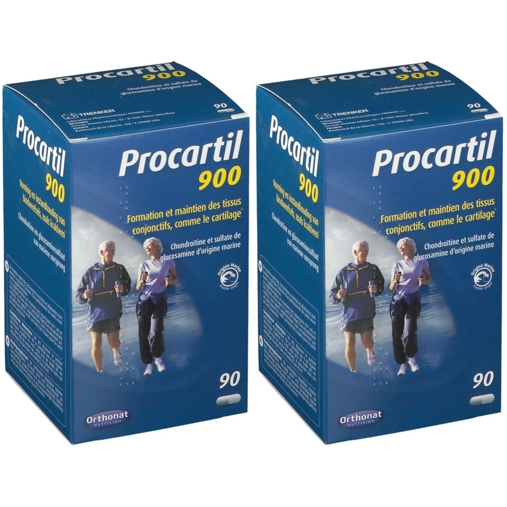 Twee blauwe dozen met "Procartil 900". Illustratie van hardlopende mensen. "Orthonat" logo.