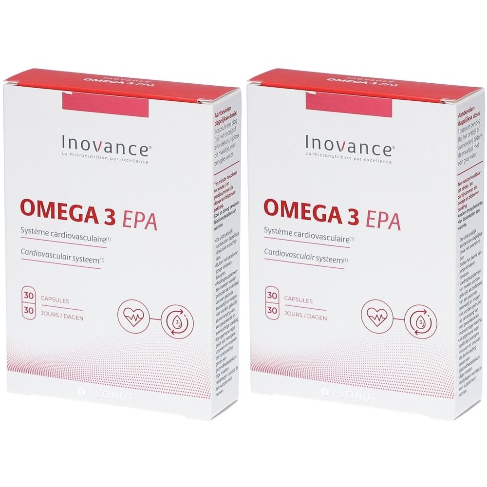 Twee witte dozen met rode tekst. Er staat "OMEGA 3 EPA" en "Inovance" op.