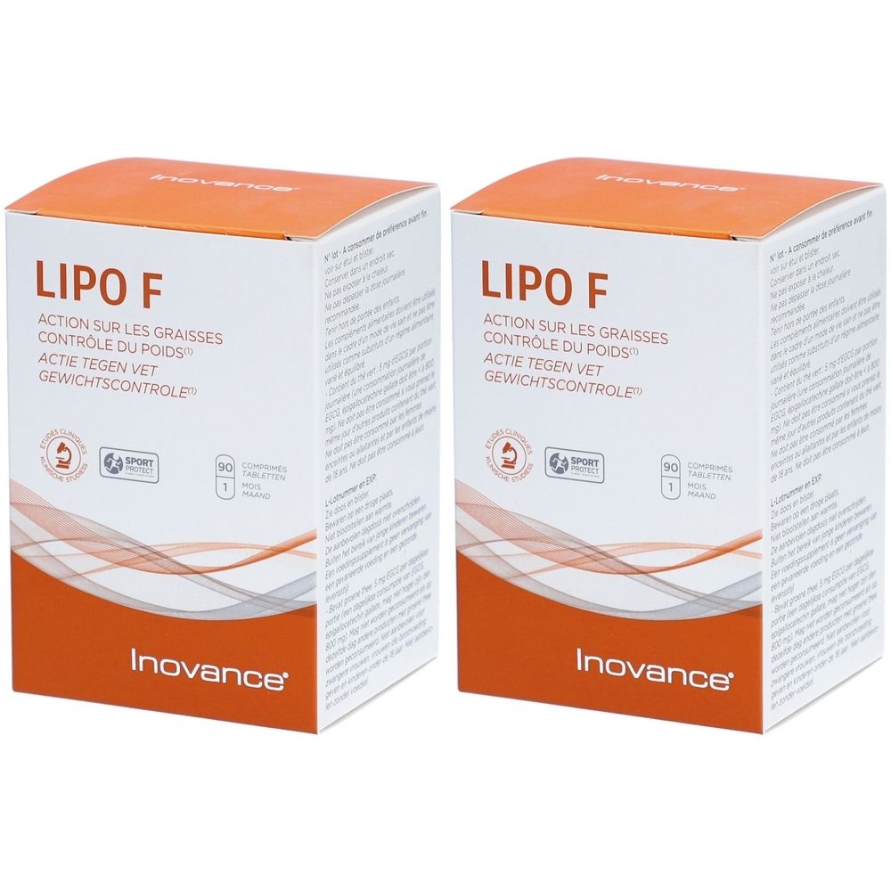 Twee rechthoekige dozen met oranje deksels. Opschrift: LIPO F, Inovance. Tekst in het Frans, Nederlands. Met logo's.