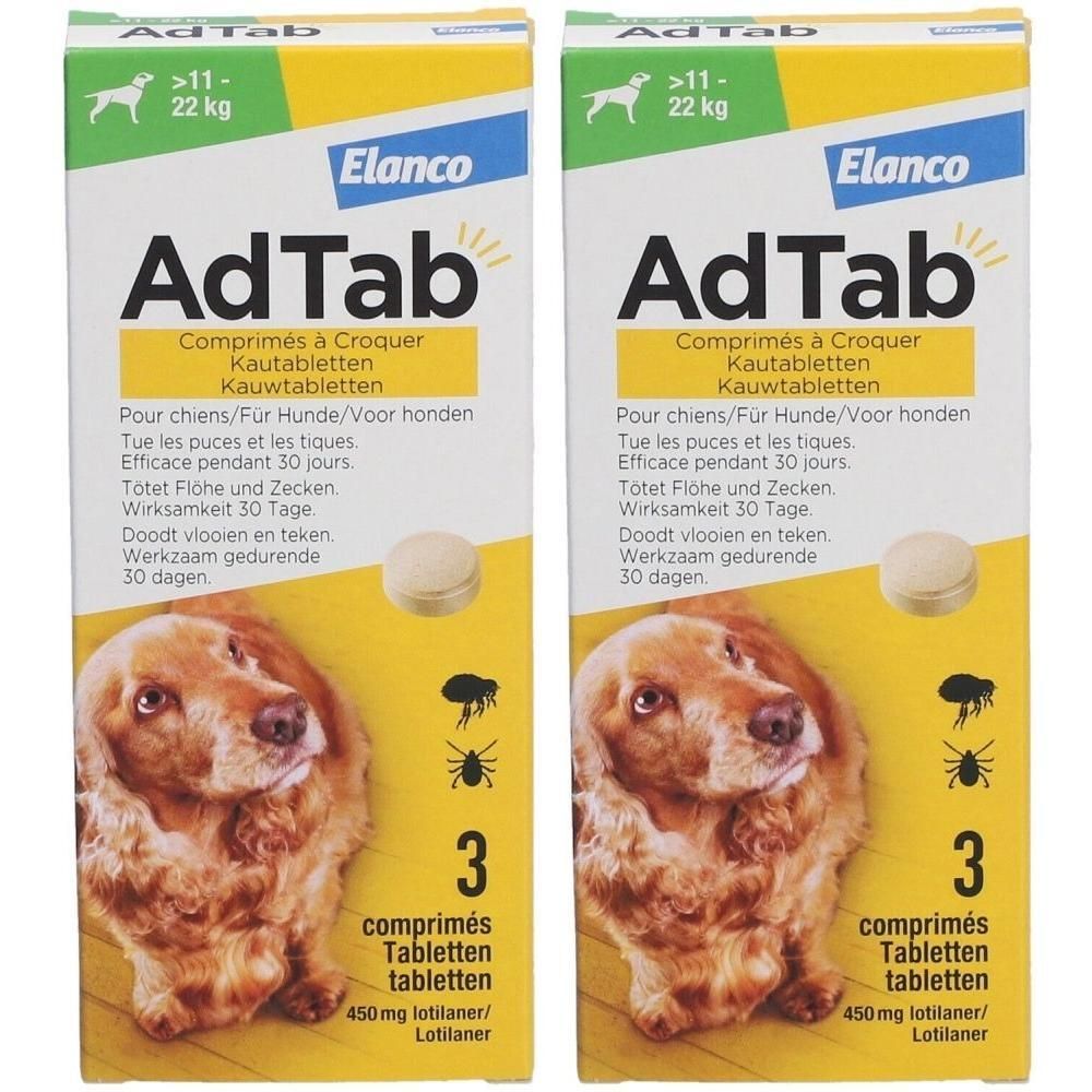 Twee AdTab-verpakkingen voor honden. Opschriften: >11-22 kg, Elanco, 3 tabletten, 450mg lotilaner. Afbeelding van een hond.