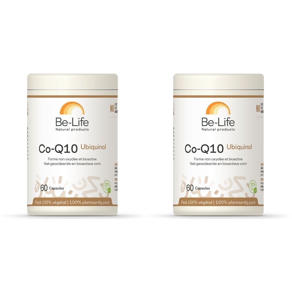 Twee crèmekleurige potten met het Be-Life logo en de tekst Co-Q10 Ubiquinol. Opschrift: 60 capsules. Verpakking: 100% vegetarisch.