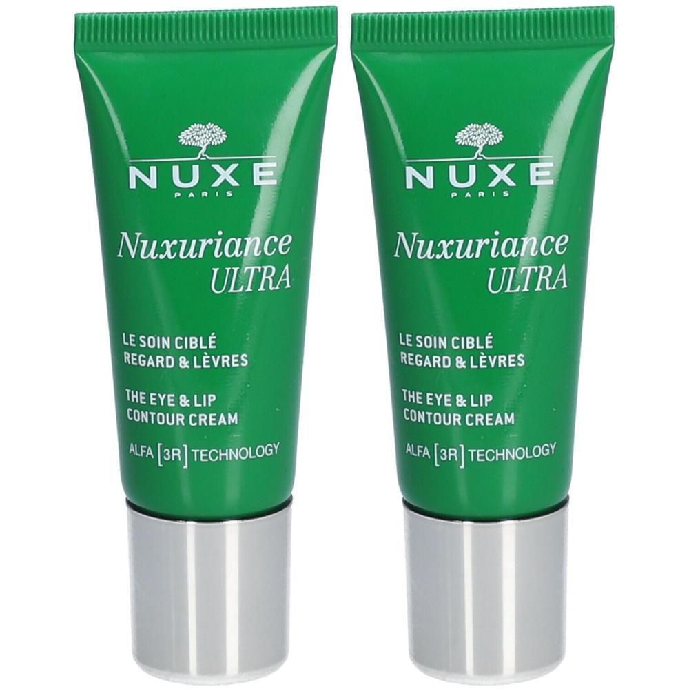 Twee groene tubes met zilveren doppen. Opschrift: NUXE, Nuxuriance Ultra, oog- en lipcontourcrème.