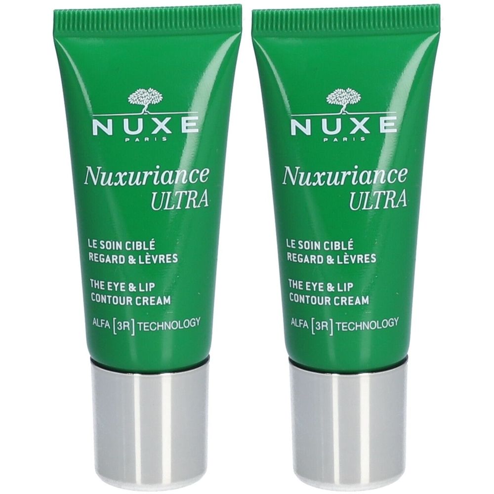 Twee groene tubes met zilveren doppen. Opschrift: NUXE, Nuxuriance Ultra, oog- en lipcontourcrème.