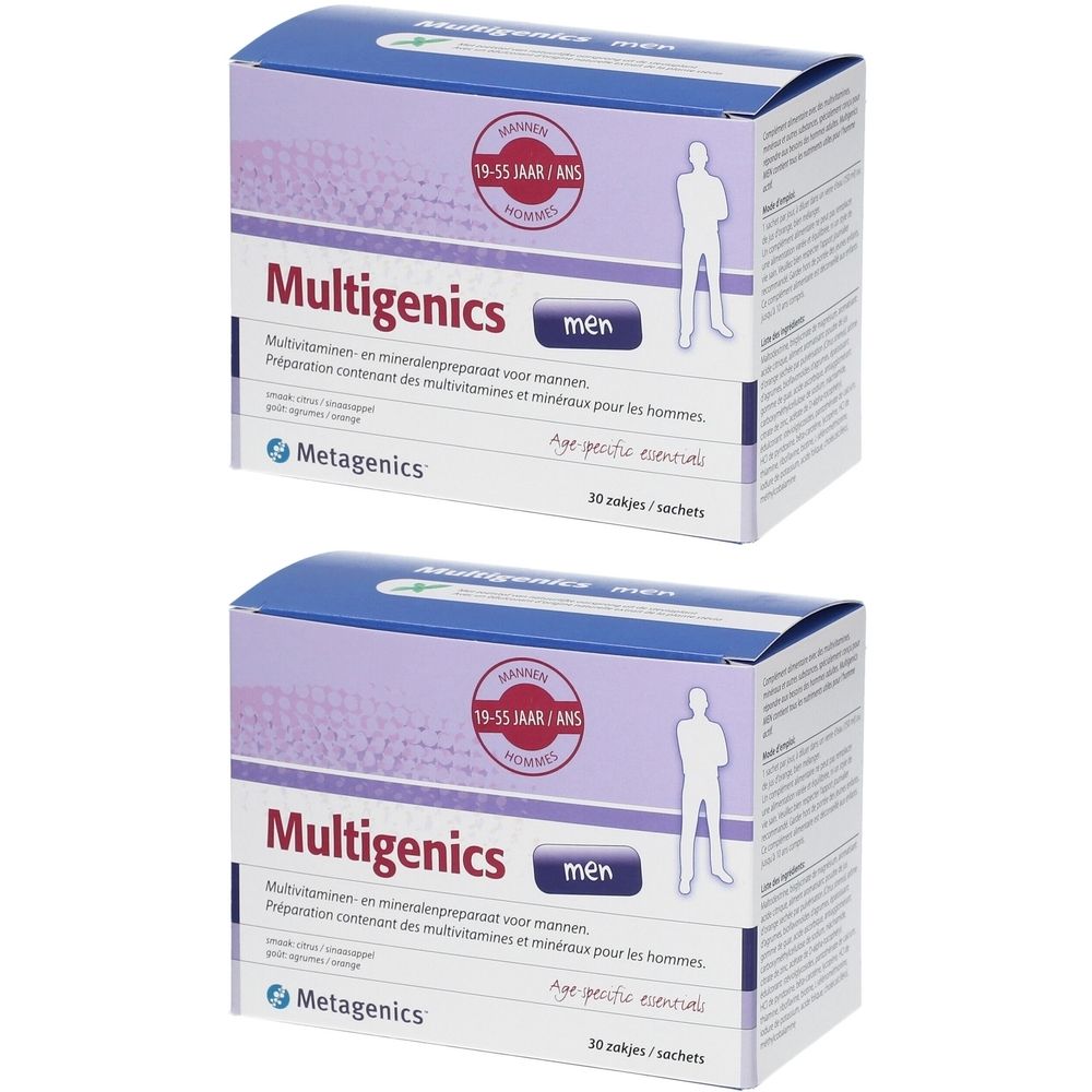 Twee dozen Multigenics men. Opschrift: 19-55 jaar/ans, multivitaminen voor mannen. Merk: Metagenics. 30 zakjes.