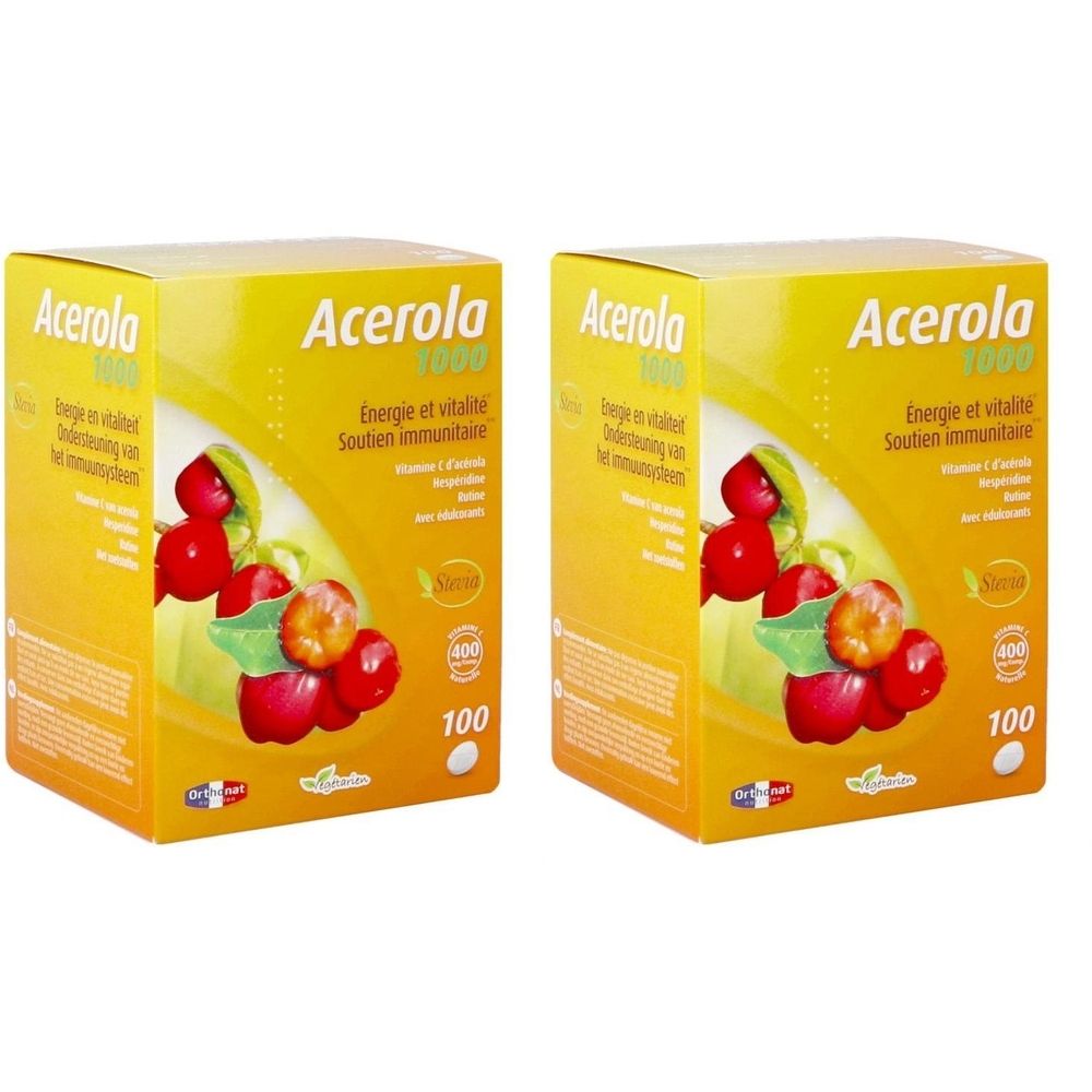 Twee gele dozen met "Acerola 1000". Opschriften: Energie et vitalité, Soutien immunitaire, Vitamine C, 100 tabletten.