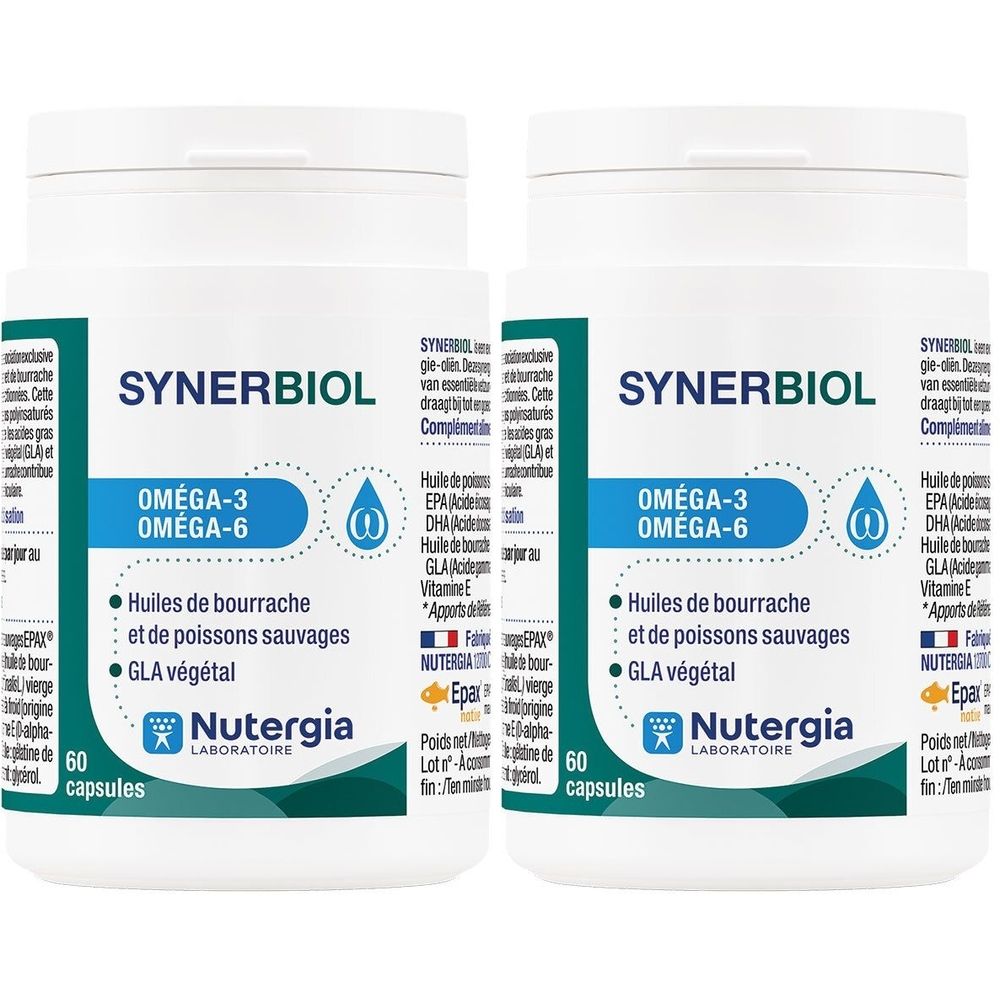 Twee witte flessen met "Synerbiol" label. Opschrift: Omega-3 Omega-6, 60 capsules. Merk: Nutergia.