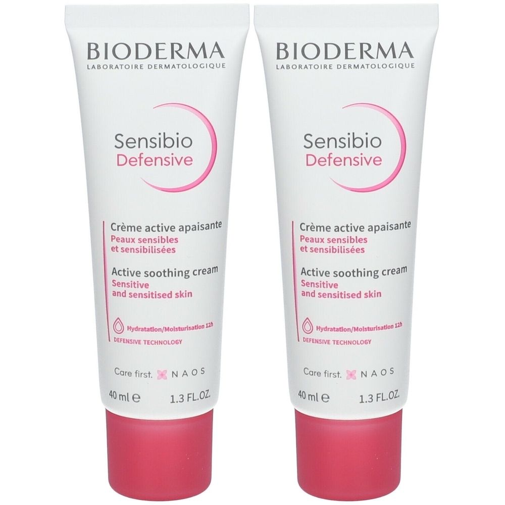 Twee tubes Bioderma Sensibio Defensive crème. Wit, roze accenten. Tekst: Sensibio Defensive, Active soothing cream.