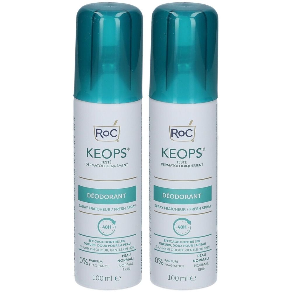 Twee deodorant sprays van RoC Keops. Witte flessen met turquoise doppen en etiketten. Opschrift: Déodorant, 48H, 0% Parfum, Peau Normale.
