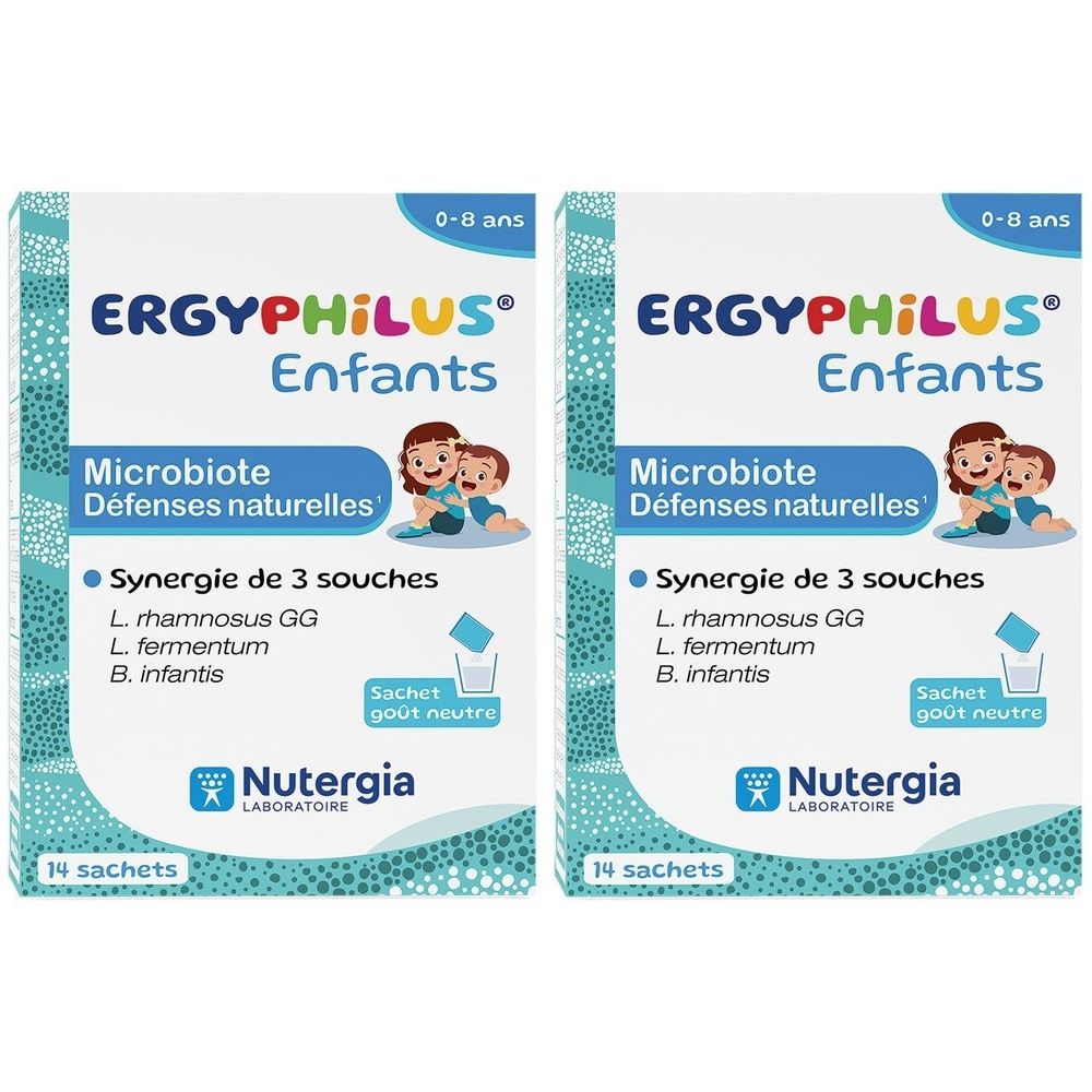 Twee verpakkingen Ergyphilus Enfants. Opschrift: Microbiote, Défenses naturelles, Synergie de 3 souches. Merk: Nutergia. 14 sachets.