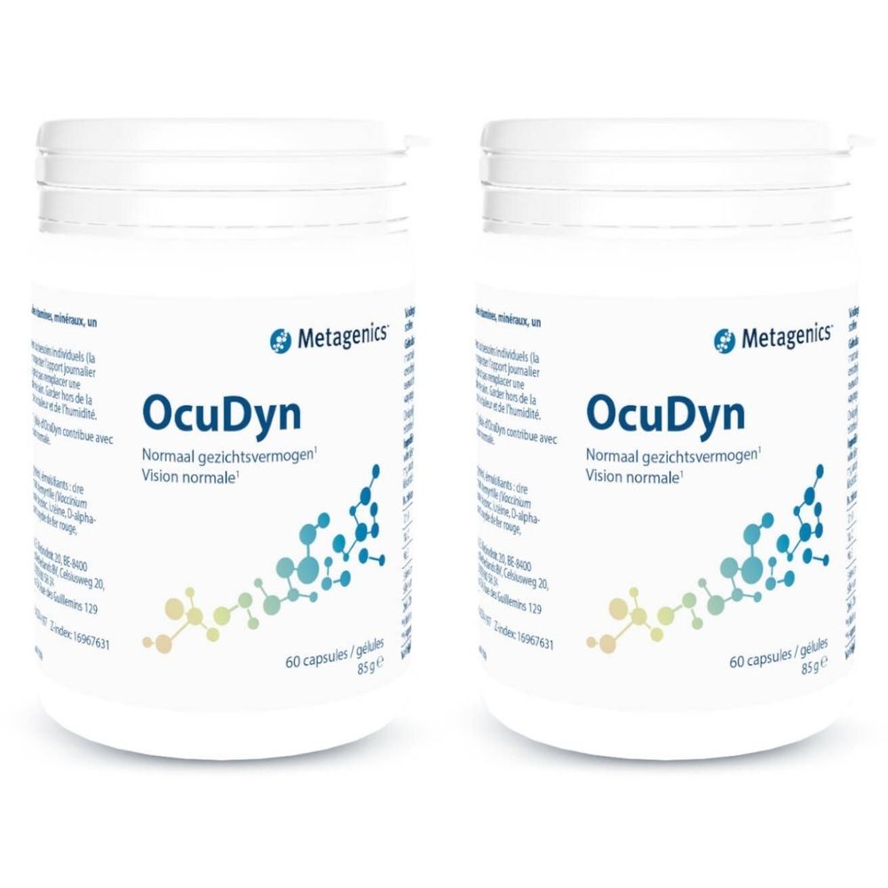 Twee witte potten met OcuDyn en Metagenics. Tekst: Normaal gezichtsvermogen, Vision normale. Bevat 60 capsules.