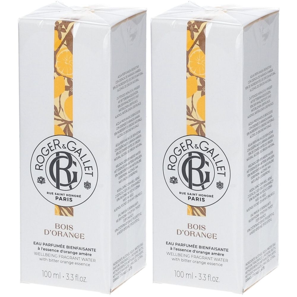 Twee witte dozen met productinformatie. Opschrift: ROGER & GALLET, BOIS D'ORANGE. Met illustraties van sinaasappels.