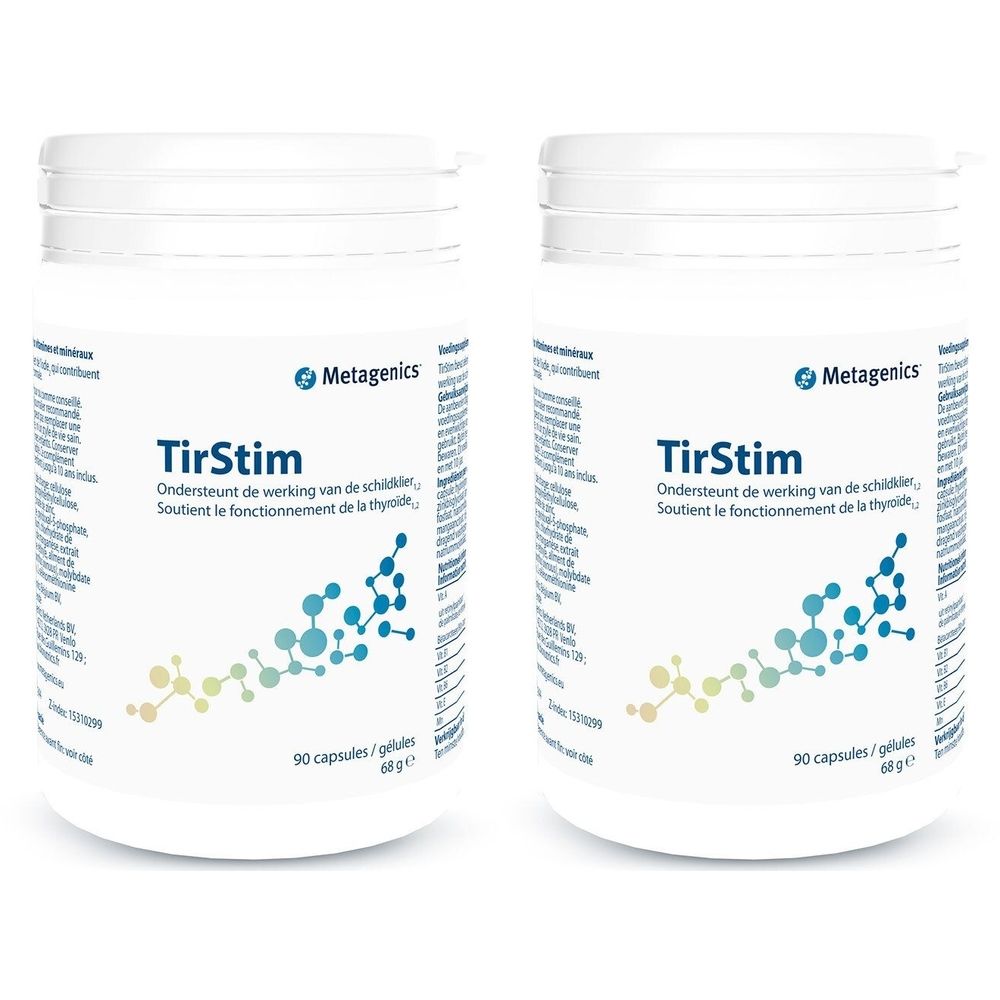 Deux flacons blancs de TirStim de Metagenics. Texte: 90 capsules. Soutient le fonctionnement de la thyroïde.
