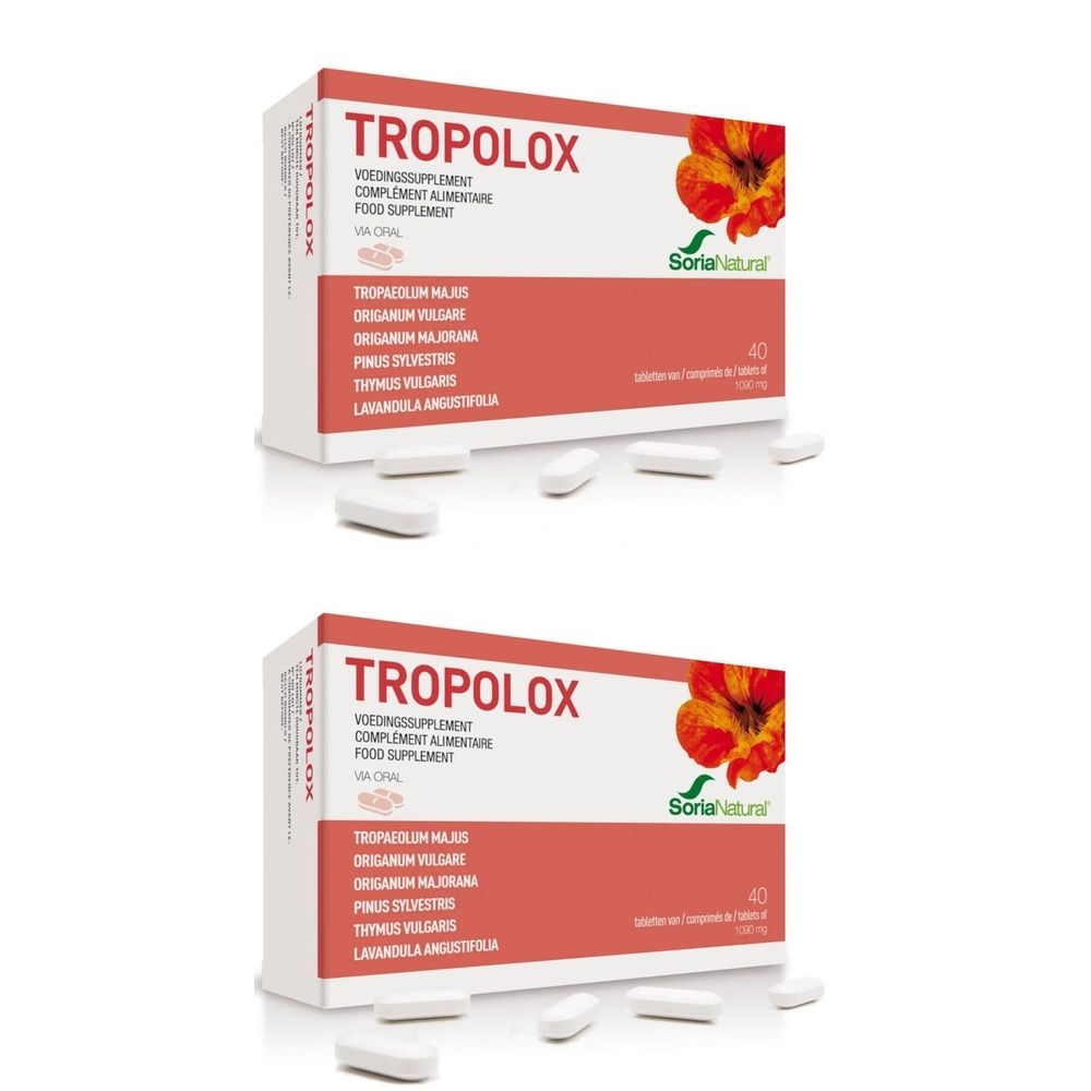 Deux boîtes de Tropolox, Soria Natural. Inscription en plusieurs langues. 40 comprimés par boîte. Comprimés blancs à côté.