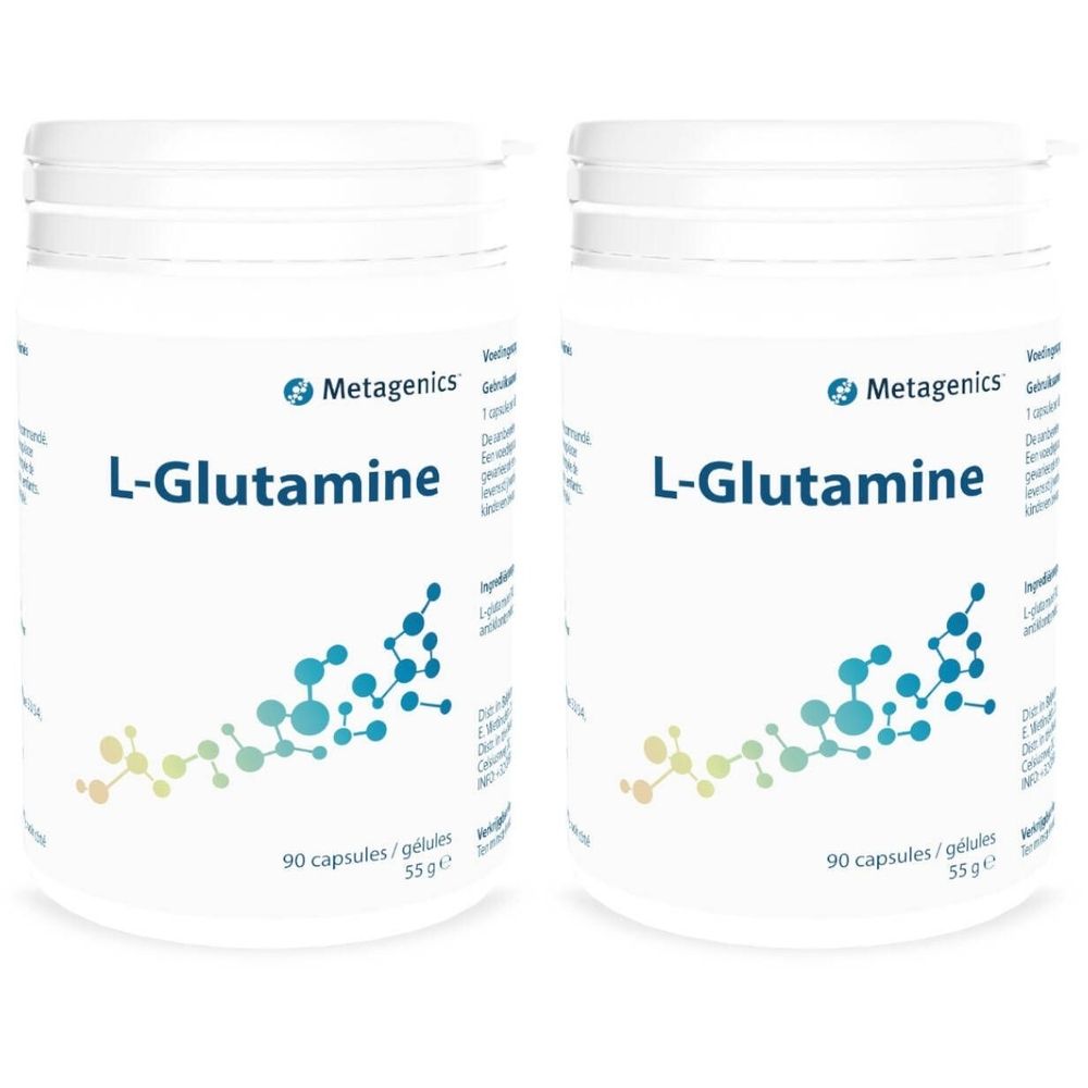 Twee witte potten met de tekst "L-Glutamine" en het logo van Metagenics. Opschrift: 90 capsules/gélules, 55 g.