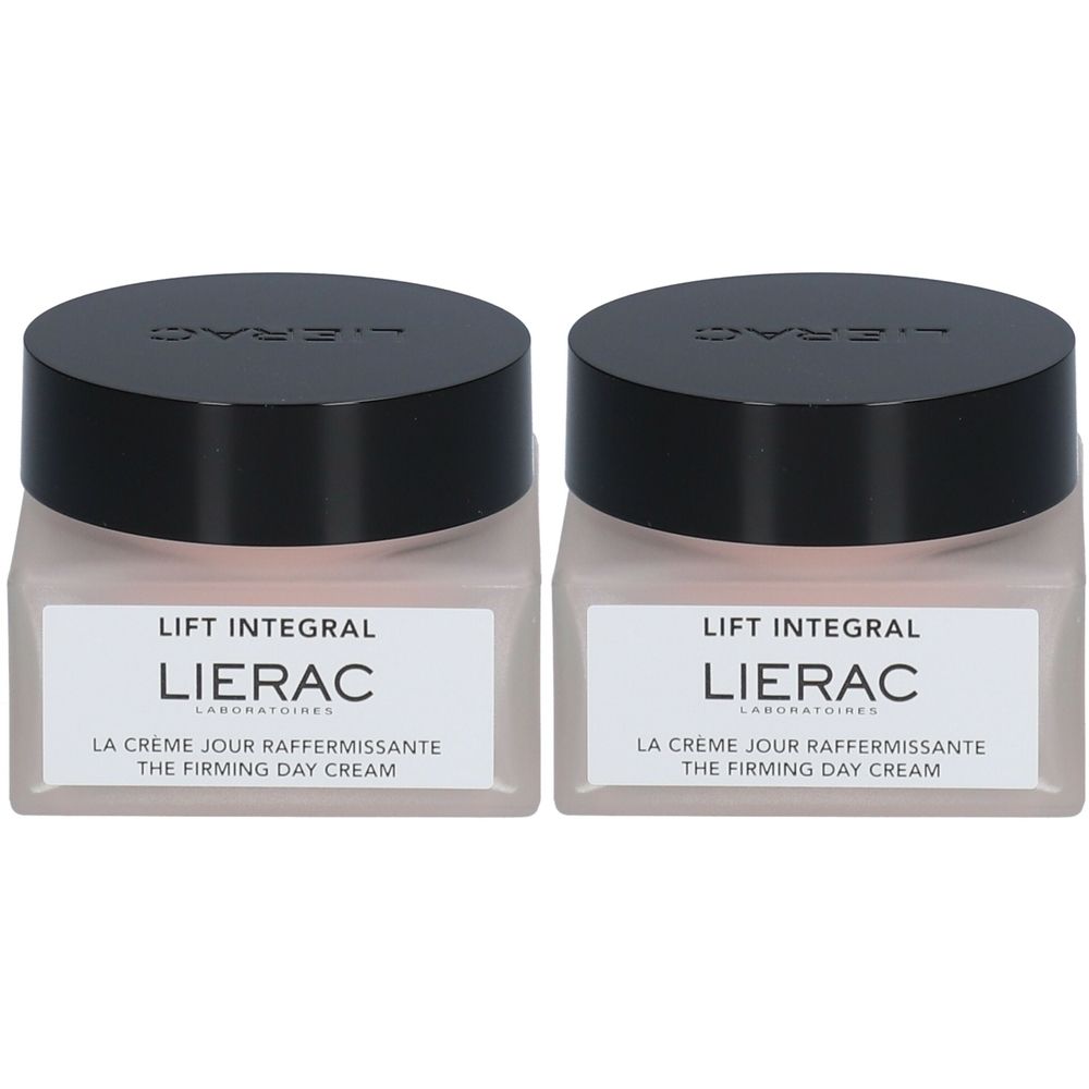 Twee vierkante potten met zwarte deksels. Opschrift: LIFT INTEGRAL, LIERAC, LA CRÈME JOUR RAFFERMISSANTE, THE FIRMING DAY CREAM.