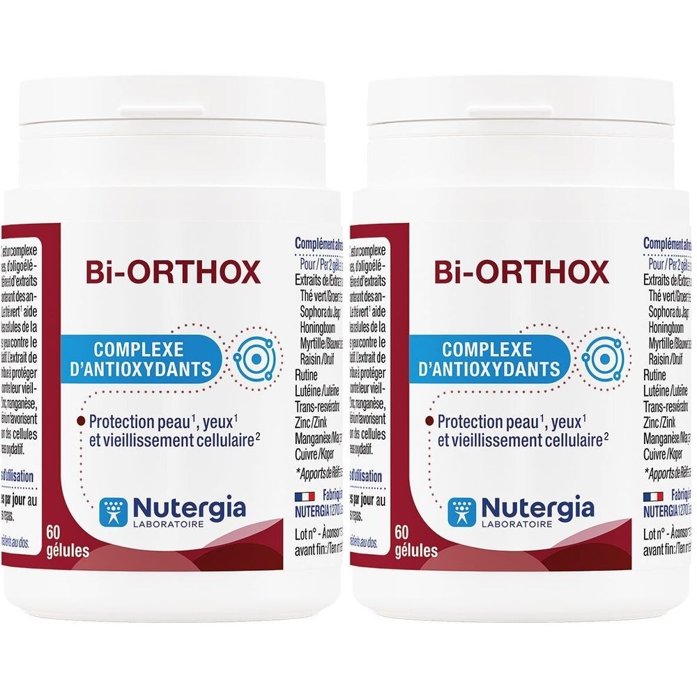 Deux flacons de Nutergia Bi-Orthox, complexe antioxydant, 60 gélules par flacon.