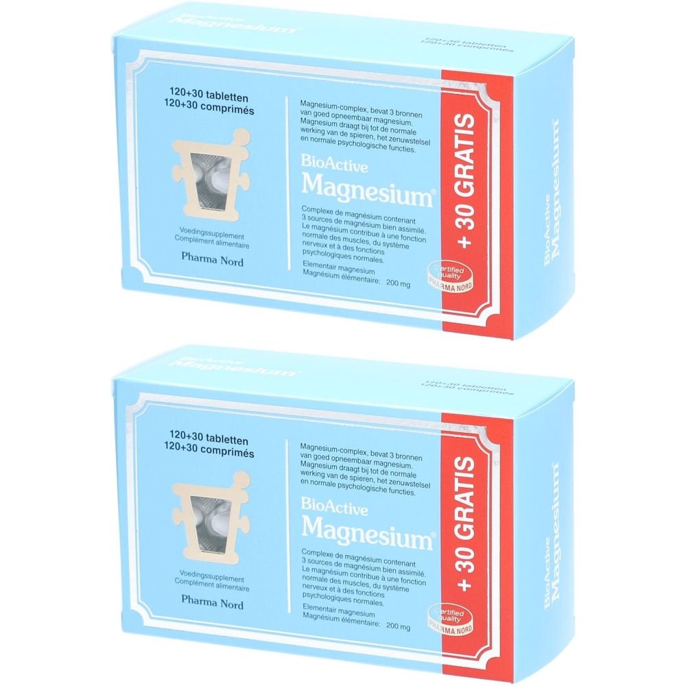 Twee lichtblauwe dozen met "BioActive Magnesium". Opschrift: "+30 GRATIS".