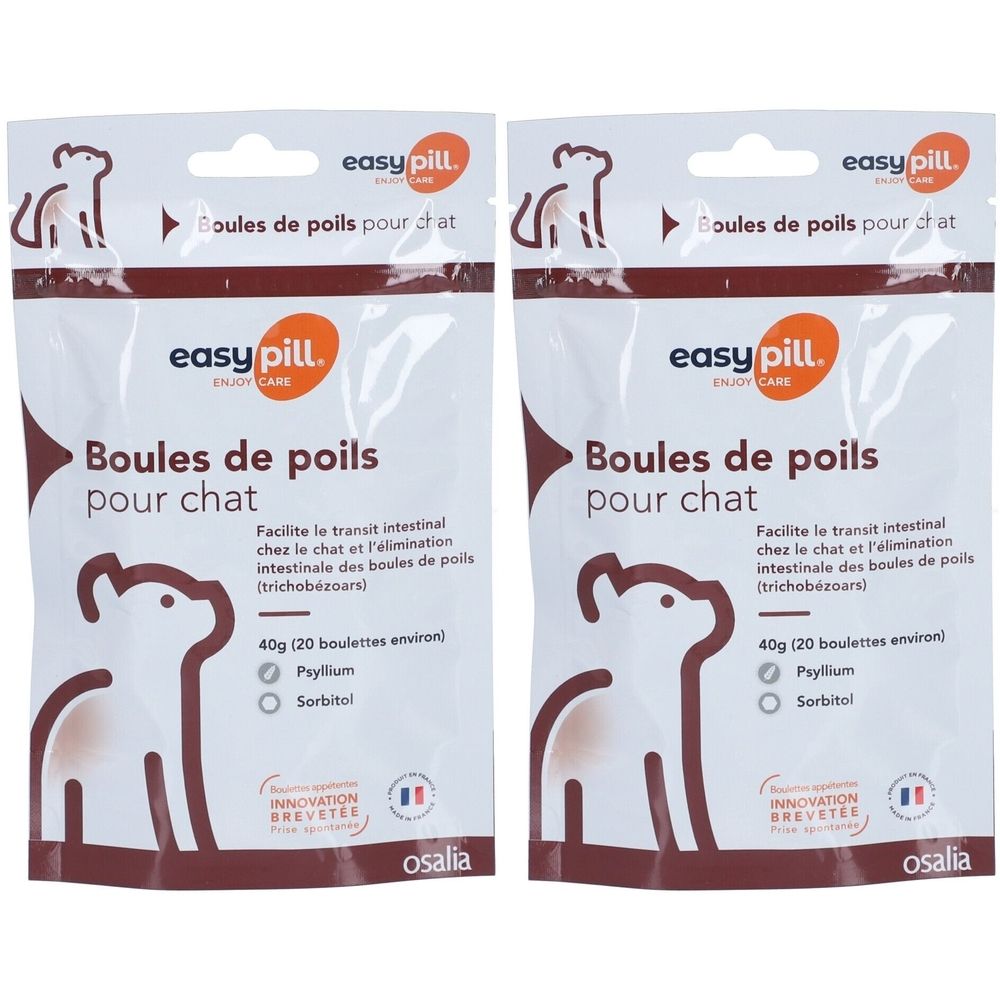 Deux sachets de "easy pill" pour chats. Inscription "Boules de poils pour chat". Contient Psyllium et Sorbitol. Marque Osalia.