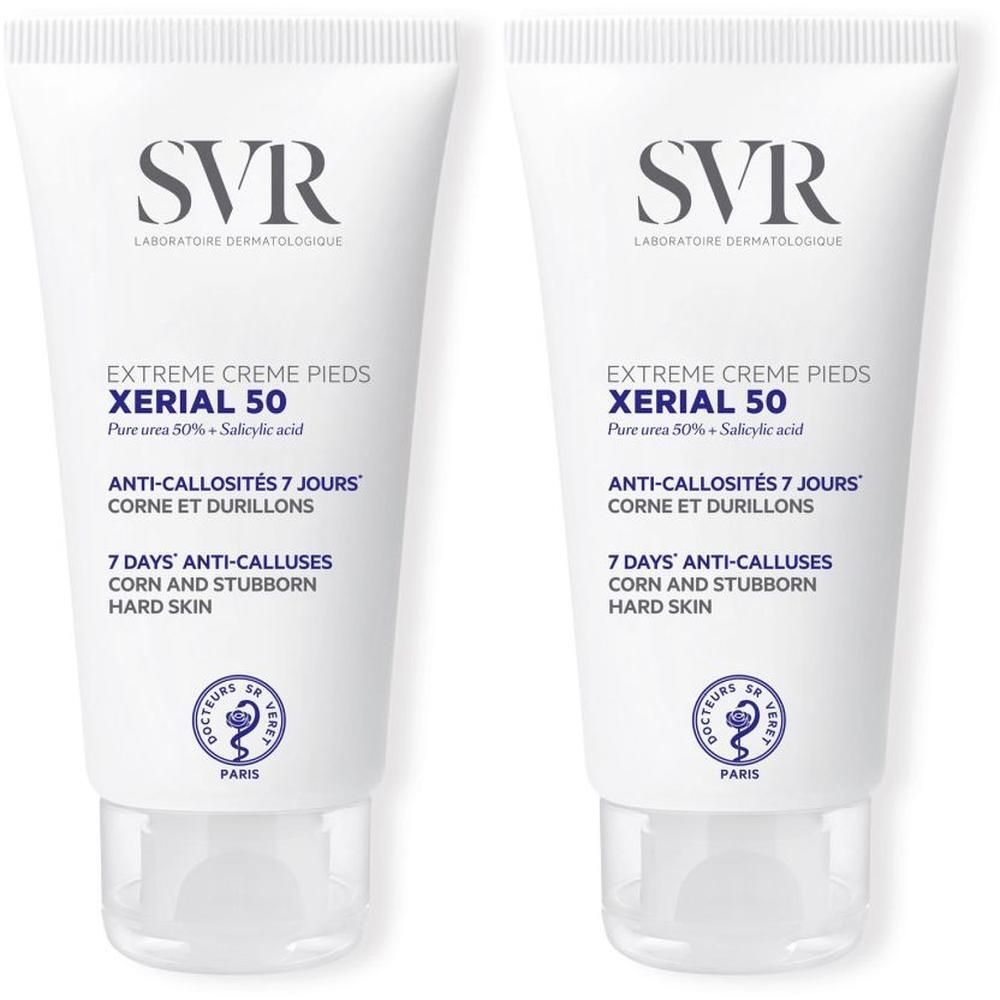 Twee tubes voetcrème. Wit, met blauwe en zwarte tekst. Opschrift: XERIAL 50, Extreme Creme Pieds. Merk: SVR.