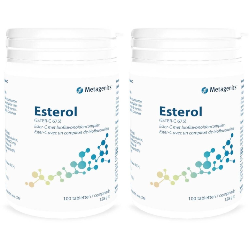 Twee witte potten met de productnaam Esterol en het logo van Metagenics. Opschrift: 100 tabletten/comp. 128g.