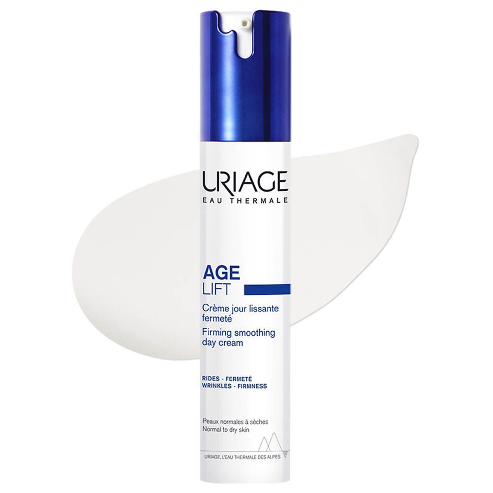 Un flacon blanc avec bouchon bleu. Inscription: Uriage, Age Lift, Crème jour lissante fermeté.