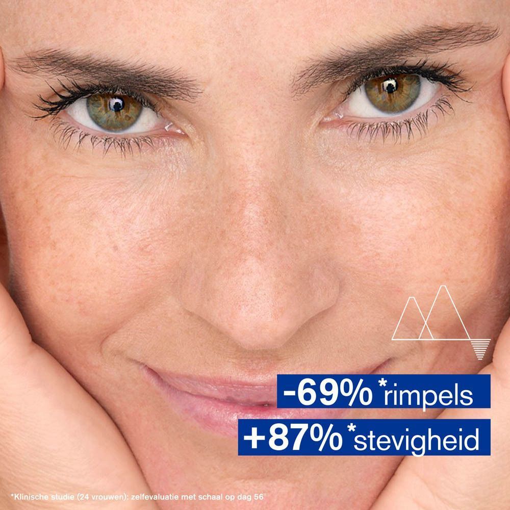 Close-up van een gezicht. Tekst: -69% rimpels, +87% stevigheid.