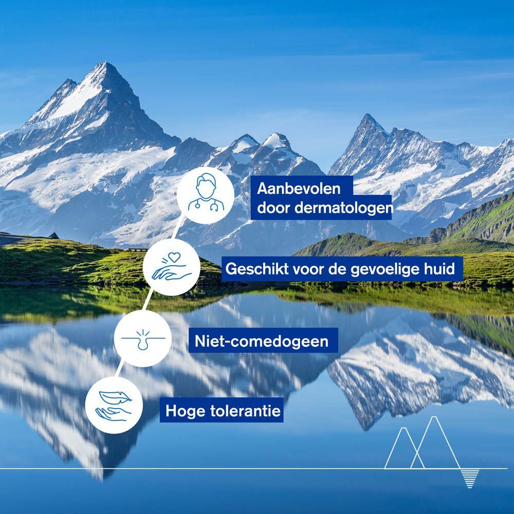 Landschap met bergen en meer. Tekst: Aanbevolen door dermatologen, Geschikt voor de gevoelige huid.