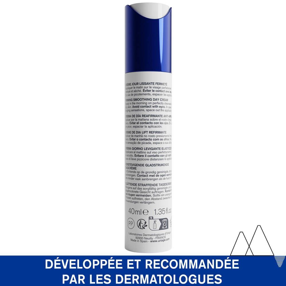 Flacon blanc avec bouchon bleu. Texte: Crème Jour Lissante Fermeté, 40ml, 1.35 fl.oz.